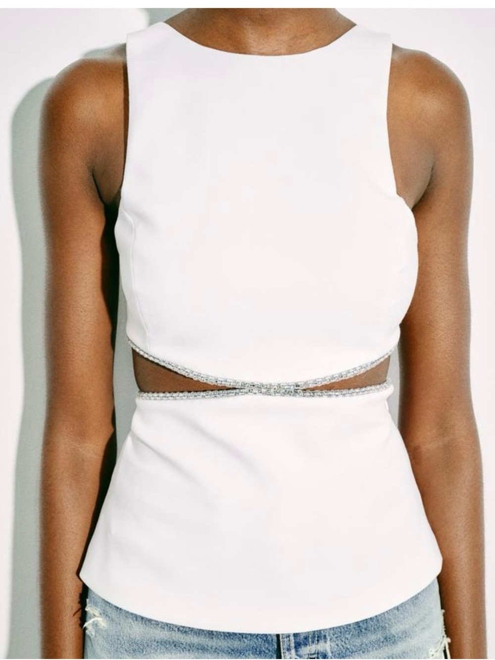 Zara White Sleeveless Cutout Top with Decorative Bling Trim - Picture 3 of 13
